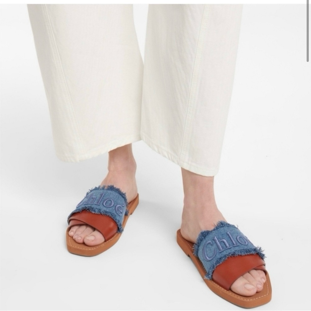 Chloe Woody Deep Denim Brown Leather Slide Sandals size 39 EUC worn once